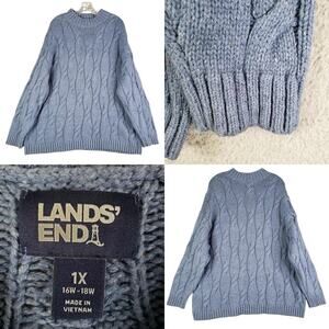 Lands End Sweater Women’s Plus Size 1X Blue Pullover Cable Knit Cotton Wool